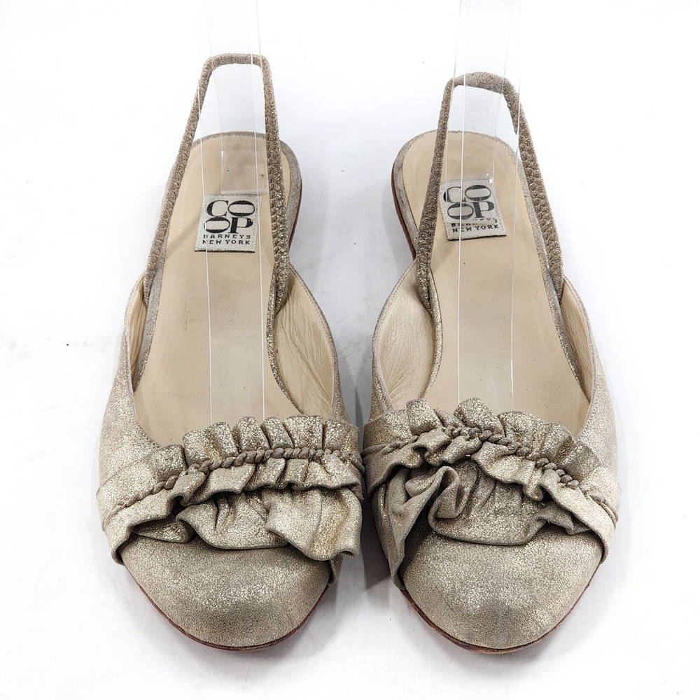 BARNEYS NEW YORK COOP Ruffle Gold Leather Slingback Flat Sandals 38.5 7.5